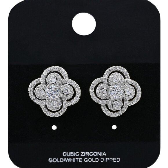 White Gold Dipped Floral CZ Stone Stud Earrings - Picture 1 of 3